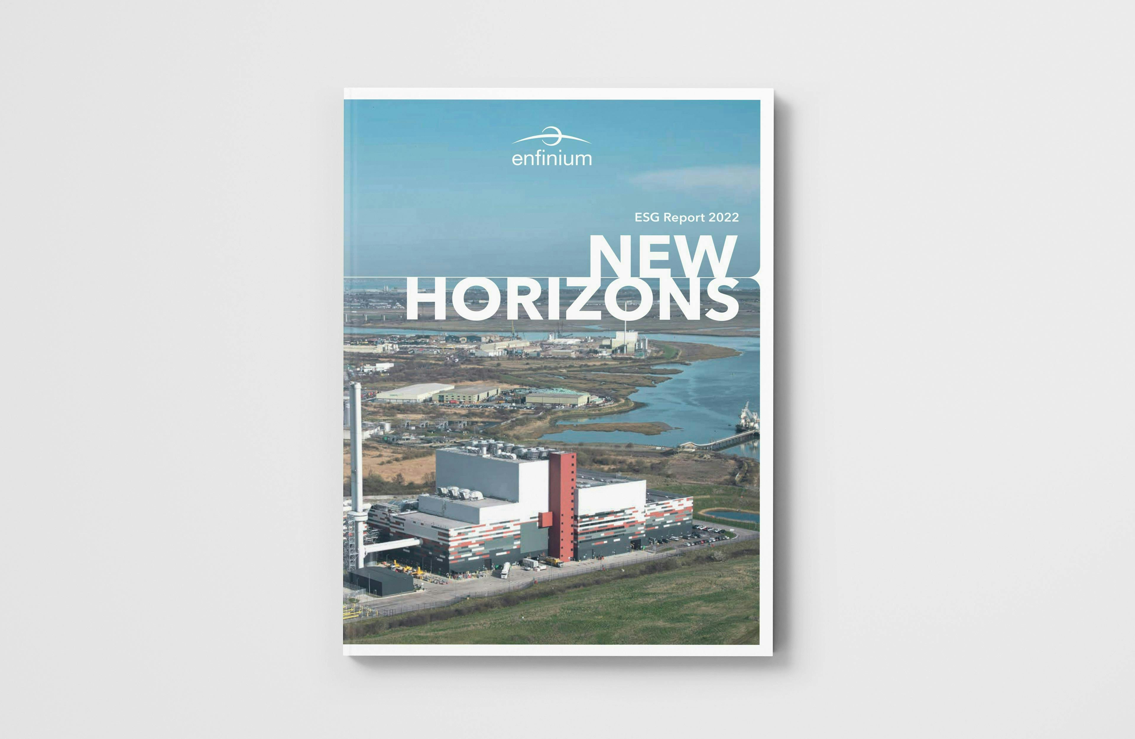 A book with a landscape and a river on the cover. Headline reads, ‘new horizons’.